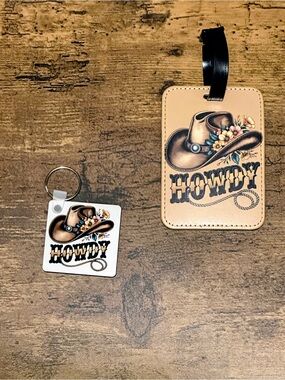 Handcrafted Howdy Cowboy Hat Luggage Tag Double Sided Keychain Set New 
W/O Tag